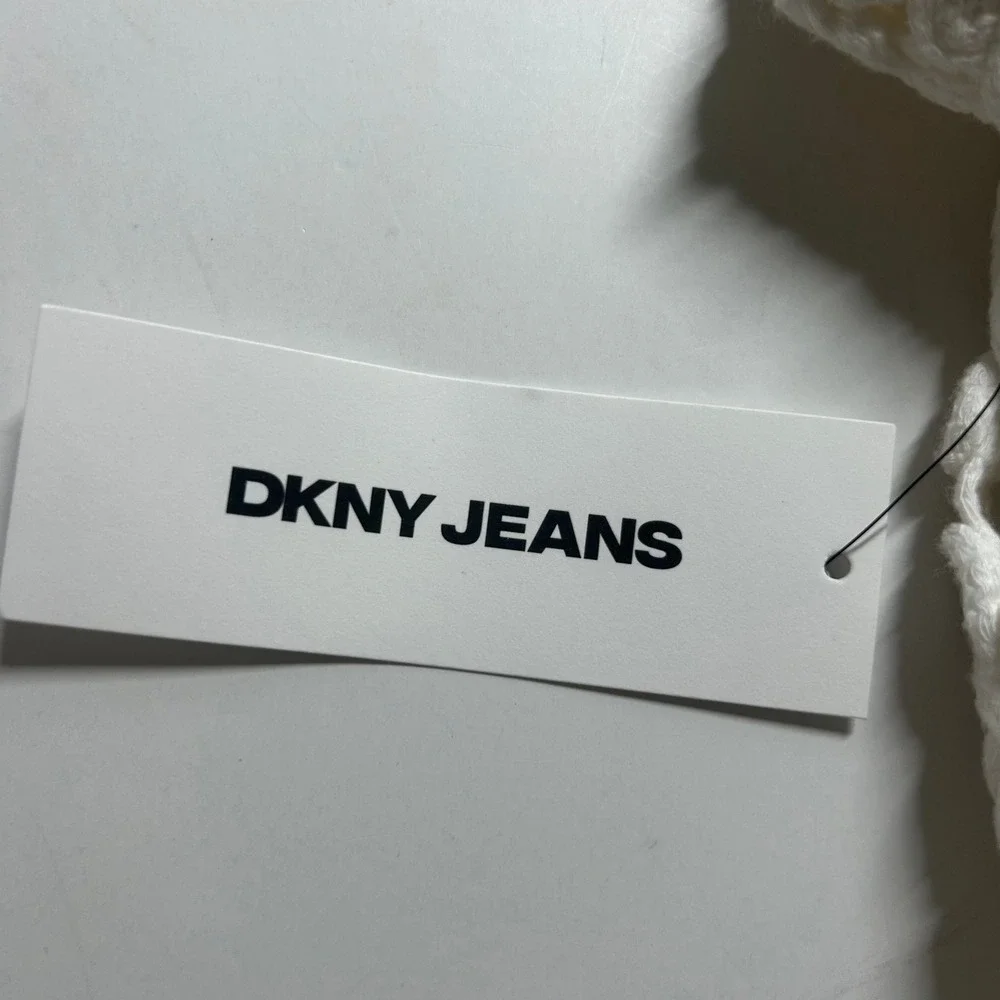 DKNY Jeans Womens Ivory Macrame Crochet Fringe Hem Sleeveless Tank Top Large New